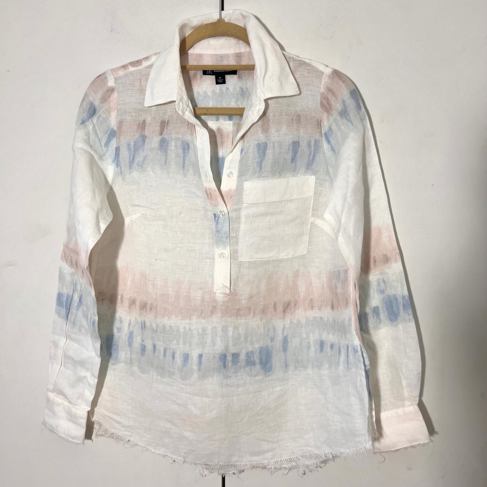 INC International Concepts Linen Henley Top Size XS Tie Dye Frayed Hem Coastal